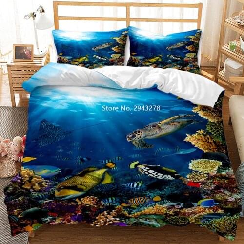 3D Fish and Turtle Print Bedding Set Marine Life Home Textile Comfortable Quilt Cover and Pillowcase Children Bedroom Decoration