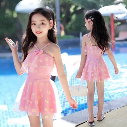 Summer fashion children floral jumpsuit sweet chrysanthemum print pink princess skirt cute girl hot spring one piece swimsuit