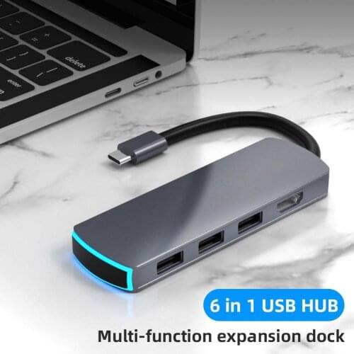 6 in 1 Multifunctional Type-C to 4K HDMI-compatible Hub Adapter TF Secure Digital Card Reader Converter With Breathing Light