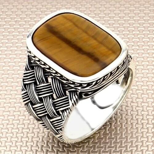 Rectangle Brown Tiger Eye Stone Silver Ring Vintage Men Silver Ring With Wicker Motif Made in Turkey Solid 925 Sterling Silver