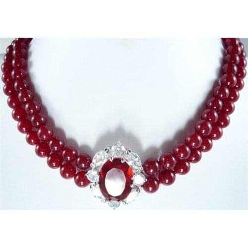 Latest design 2 row 8mm red jades wedding +jades/zircon pendant short necklace for wedding and party