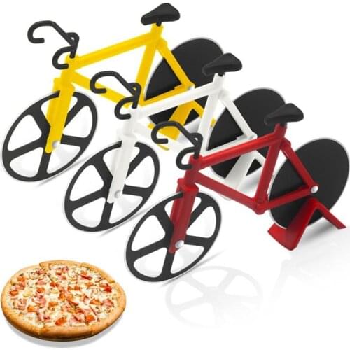 2021 NEW Bakeware Bicycle Shaped Pizza Cutter Dual Cutting Wheels Knife Bike Slicer with Stand Tool Kitchen Gadgets