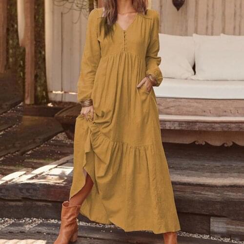 Autumn Women Dress Fashion Vintage Buttons Party Dress Casual Solid Long Sleeve V-neck A-Line Women Sexy Dresses