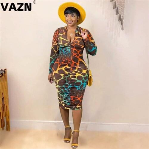 VAZN New 2020 Leopard Pleated Chic Ladies Slim Elegant Party Night Shinny Bandage Dress Full Sleeve Sheath Dresses