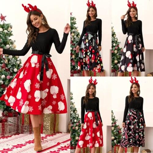 Christmas Party Dress Women Long Sleeve O-neck High Waist Bow Santa Claus Print Casual Slim Patchwork Vestidos Autumn Winter New