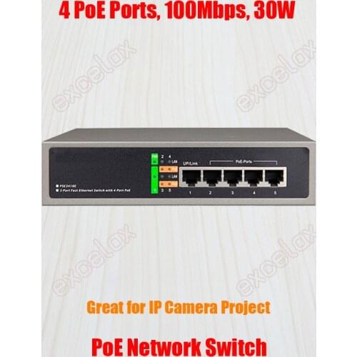 100Mbps 4 Port PoE Network Switch 30W 802.3at Power Over Ethernet AC110V 220V for Video Surveillance Security IP Camera PSE5604E