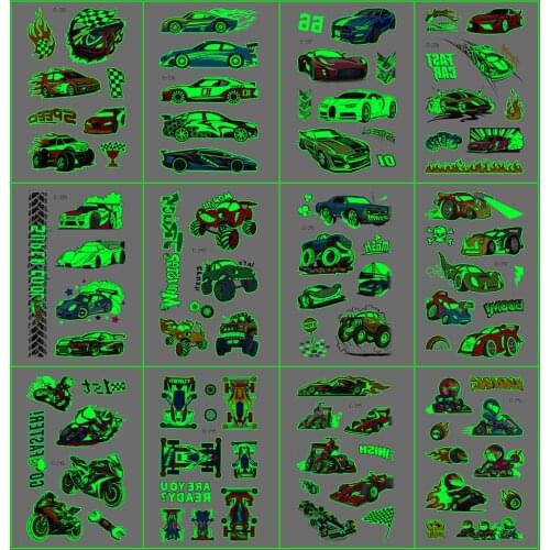 Robot Tattoo for Children Glowing Dark Waterproof Luminous Racing Car Dinosaur Fake Tattoo Stickers Body Art Christmas Halloween