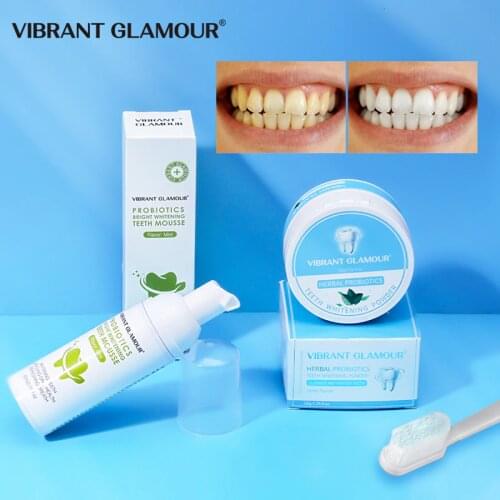 VIBRANT GLAMOUR Teeth Whitening Mousse Toothpaste Tooth Whiten Powder Remove Plaque Stain Brighten Fresh Breath Oral Care Set