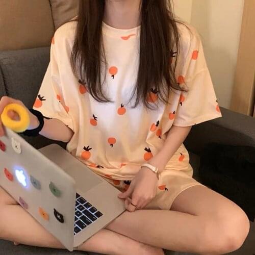 2020 Girls Cute Orange Fruit Print Summer Pajamas Set For Women Loose Casual Sleepwear Sweat T-Shirts and Shorts Pjs Homewear