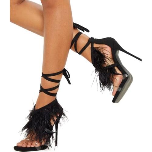 2021 New black feather sandals for women transparent tape thin high heels ladies sandals with heels lace-up zipper dance shoes