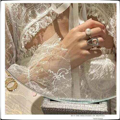 EDY 2021 New Ring Vintage Personality Love Heart Geometric Hollow Pearl Metal Adjustable Ring For Women Girls Party Jewelry