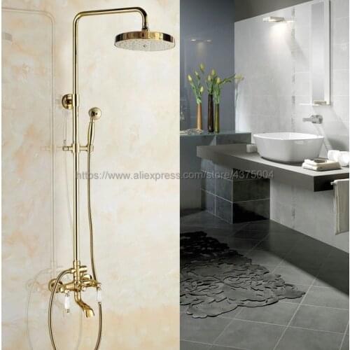 Gold Color Brass Rainfall Shower Set Faucet + Tub Mixer Tap + Handheld Shower Spray Wall Mounted Ngf365