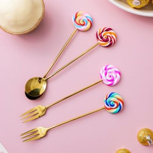 1 Pcs Creativity Lollipop Stainless Steel Spoon Resin Handle Stainless Steel Fruit Fork Ice Cream Spoon Soup Spoon Coffee Spoon