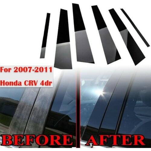 6X Exterior Side Door Window Pillar Posts Overlay Pre-Cut Trim Cover Stickers for Honda CR-V CRV 2007-2011 Bright Black