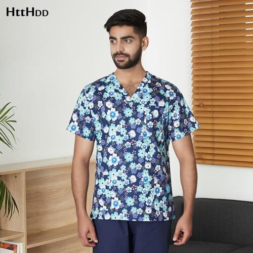 Breathable Floral printing scrubs tops High quality Short Sleeved spa uniforms scrub sets Beautician costume suits men and women