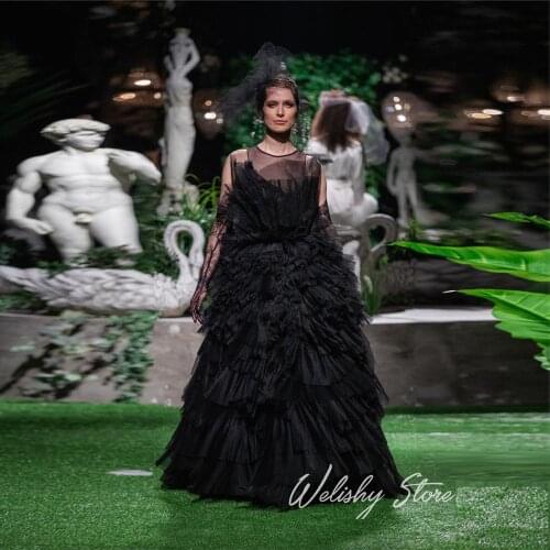 Elegant Black Extra Puffy Ruffle Tiered Tulle Dresses Women Long Floor Length Pleated Prom Dress Special Occasion Party Gown