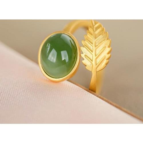 S925 Sterling Silver Gold Plated Jasper Oval Egg Noodles Descendants of the Rich Open Adjustable Temperament Ring Ornament for