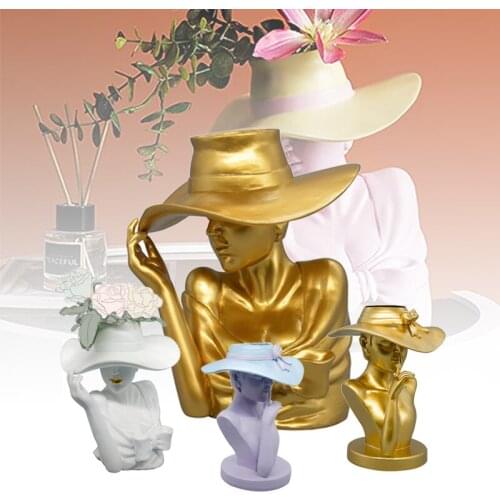 Creative Planter Statue Grace Woman Wearing A Sun Hat Flower Pot Decor Decorative Resin Art Vase Ornament for Home Porch GQ