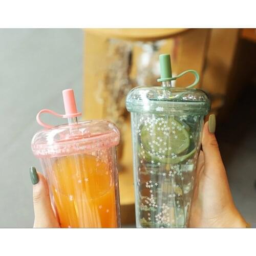 T84E 420ml Sparkling Glitter Cup with Lid Straw Transparent Sequins Water Bottle Mug