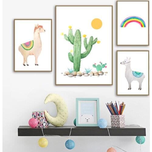 Cartoon Alpaca Canvas Art Prints And Watercolour Rainbow Poster Tropical Cactus Painting Wall Pictures Kids Room Decor