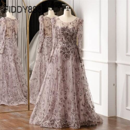 Prom Dresses for Woman 2021 Beaded Evening Party Gowns Elegant Flower O Neck Long Sleeves Formal Dress Vestidos De Gala Mujer