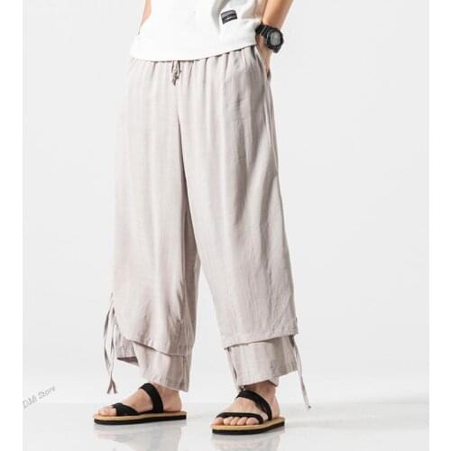 Male Harajuku Style Sweatpants Men Casual Trousers 3Xl 2021 Men Wide Leg Pants Summer Streewear Cotton Linen Loose Jogging Pants