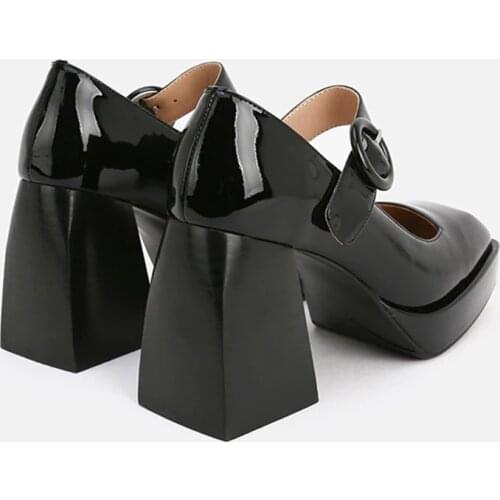 MUMANI Woman‘s 2021 New Mary Janes Genuine Leather Platform Buckle Strap Black Pumps Retro Square Toe Shallow Lady Footwear