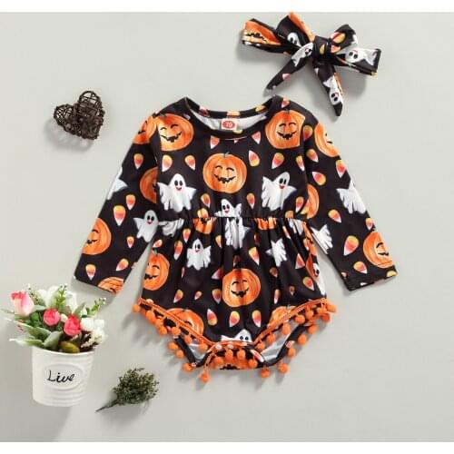 Fashion New 2021 Baby Girls Halloween Romper Clothes Cartoon Pumpkin Printed Long Sleeve Jumpsuit+Bow Knot Headdress Costumes
