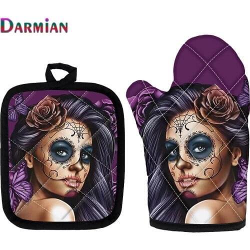 DARMIAN Calavera Girl Purple Gothic Style Microwave Oven Glove and Potholder 2Pcs Set Kitchen Baking BBQ Insulation Gloves 2021