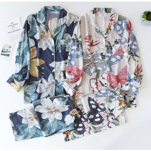 Autumn Spring Long-sleeved Trousers Pajama Set Viscose Cardigan Pajamas for Women Butterfly Flower Soft Thin Home Service Summer
