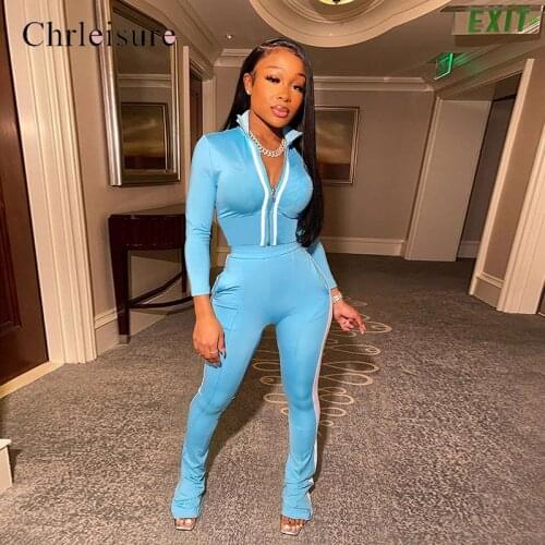 Casual Patchwork Women Two Piece Set Long Sleeve Workout Sporty ActiveWear Outfits Zipper Top And Flare Pants Sets