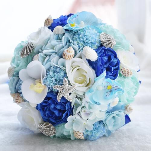 Luxury Wedding Bouquet Blue Flowers Rhinestones with Ribbon Artificial Bride Bouquet Chaise Longue Roses Wedding Flowers