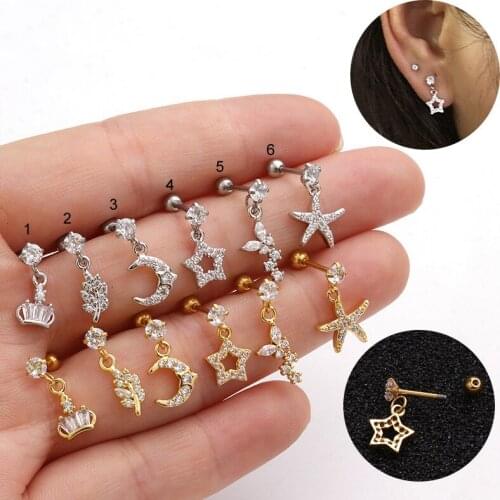 1PC Gold Silver Color Stainless Steel Star Moon Flower Piercing Earrings Creative Ear Bone Small Ear Piercing Jewelry