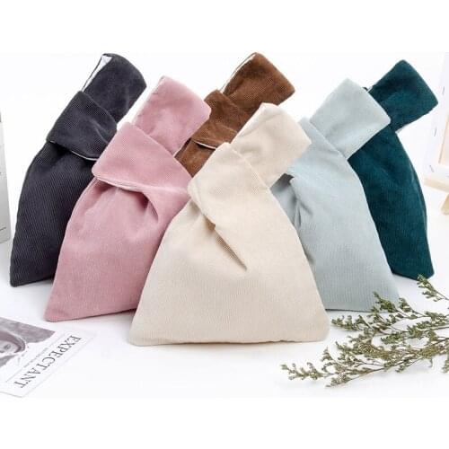 Wrist Bag WomenS Solid Corduroy Simple Fashion Carrying Retro Japanese Style Ladies Bar Knot Cloth Handbag Walking Carry Pouch