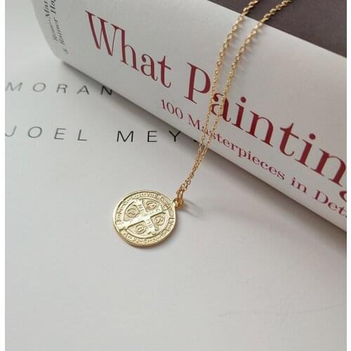 WTLTC 925 Sterling Sliver Cross Jesus Pendant Necklaces Vintage Round Coin Necklace Femme Medallion Charms Choker Christian