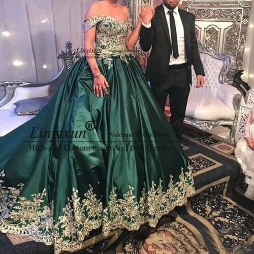 Green Ball Gown Off the Shoulder Saudi Arabic Long Prom Dresses Bridal Gown Gold Lace Appliqued Robe De Mariee 2020 Evening Gown