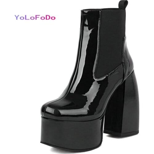 2021 Autumn Winter Women Ankle Boots Platform Square High Heel Ladies Motorcycle Boots Patent PU Leather Round Toe Womens Boots
