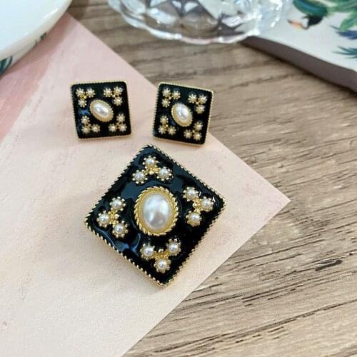 Square Earrings Stud Vintage Retro Styles Black Enamel Pearls Accessories For Womens Gifts