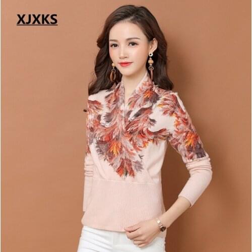 XJXKS originality design 2019 new arrival wool mink cashmere knitted women pullover sweater print stretch fashion women sweater