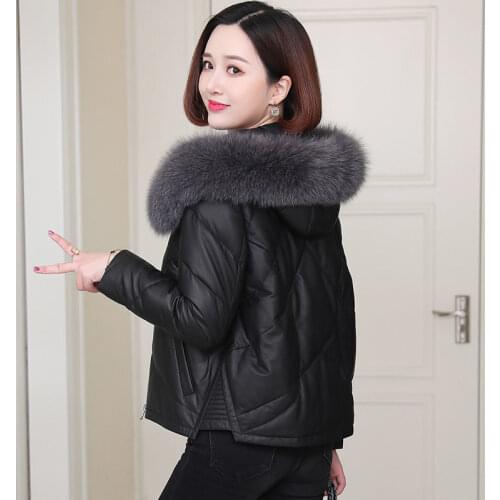 Women 2021 Winter Fashion Short PU Leather Overcoats Female Warm Cotton-padded Jackets Ladies Fur Collar Hooded Parkas U351