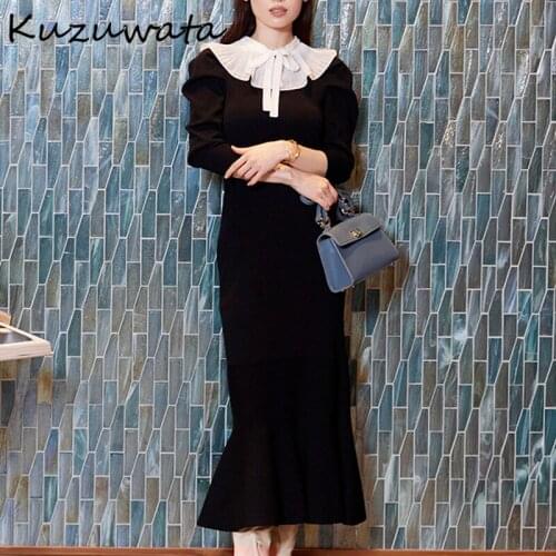 Kuzuwata 2021 Autumn Winter New Women Robes Sweet Verstidos Pleated Ruffled Collar Drawstring Long Sleeve Slim Mermaid Dresses