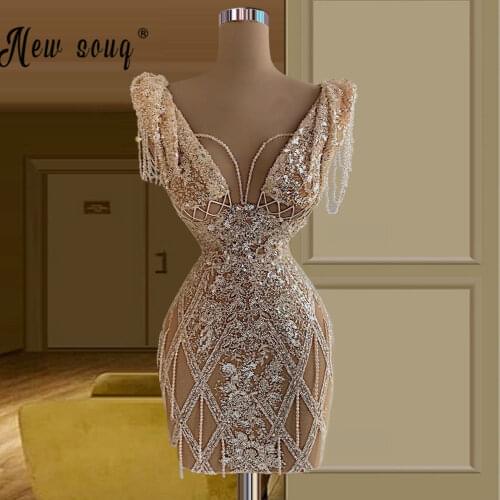 Luxury Beaded Champagne Short Prom Dresses 2021 Long Sleeve One Shoulder Women Dubai Evening Cocktail Party Gowns