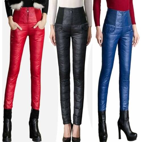 Winter Woman Down Pants High Waisted Outer Wear Trousers pants Women Slim Warm Thick 90% White Duck Down Pants skinny Trousers
