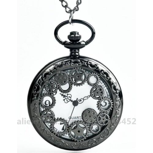 100pcs/lot Black Hollow Out Turntable Design Clock Hang Up Quartz Watch Retro Color Necklace Watch Nice Friendship Gift