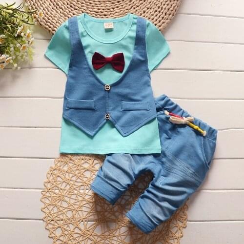 2016 Summer Cotton Baby Boys Clothing Set Children Vest Fake Two Jacket tops+ Shorts Set Kids Casual Summer Clothes Set Suits