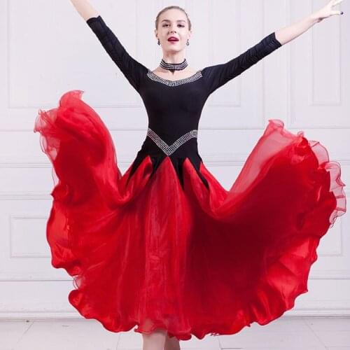 2018 Mid-Sleeve Black Spandex and Red Standard Ballroom Dance Dress Performance Costume 6 Sizes A0067
