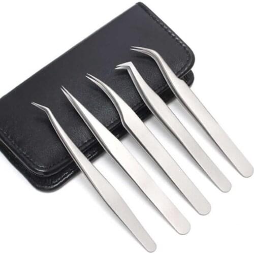 5PCS Stainless Steel Silver Color False Eyelashes Applicator Eyelash Extention Tweezers with PU Case Multi function Tweezers Too