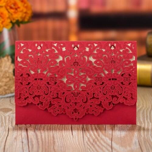 50pcs/lot Luxury Lace Floral Wedding Invitations Card with Envelopes Laser Cut Red White Customize Print Blank Marriage Invites