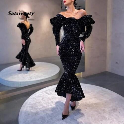 Black Mermaid Long Sleeves Evening Dresses 2021 Sequins Formal Dresses Abiye Gece Elbisesi Robe De Soiree