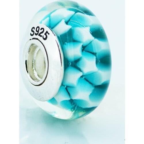 CKK 925 Sterling Silver Murano Glass Beads Teal lattice Thread Charms Original Jewelry Fits For Bracelets